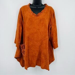 Sultry Touch Linen Lagenlook Tunic Top Womens 1X Rust Artsy Embroidered